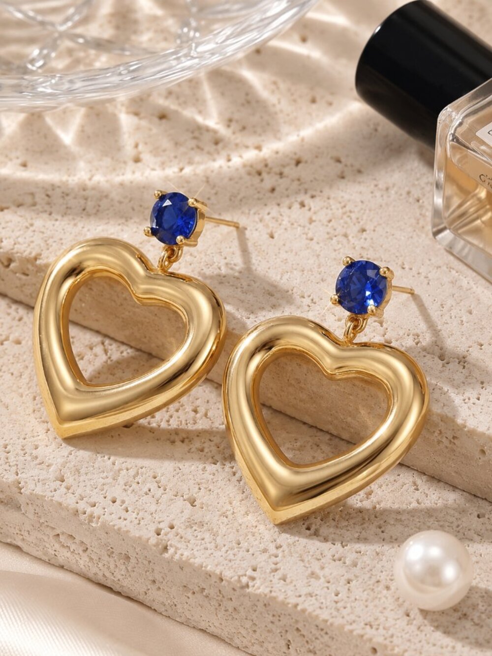 18K Gold Plated Puffy Heart Drop Earrings Blue CZ Stud Coquette Glam Statement - Picture 5 of 15